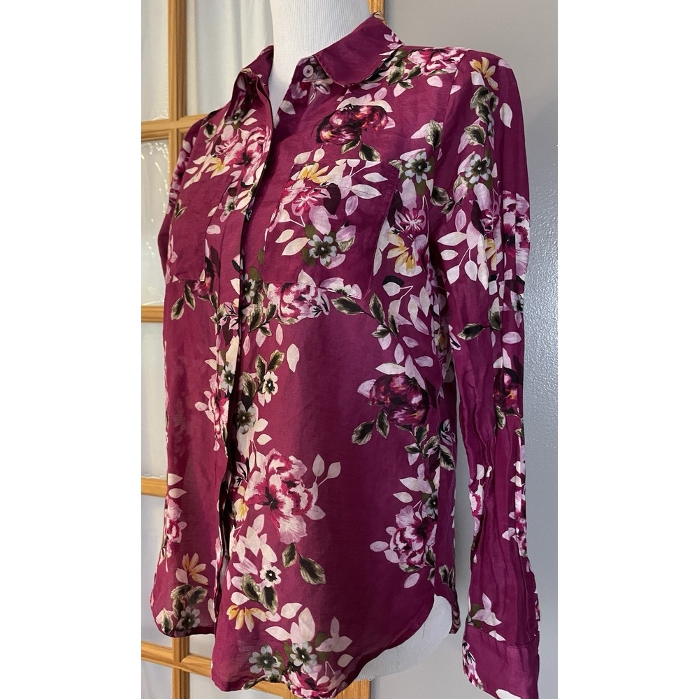WHBM Silk Blend Floral Blouse Womens Sz 4 Pink Purple Button Up Cottagecore Boho - Picture 2 of 13
